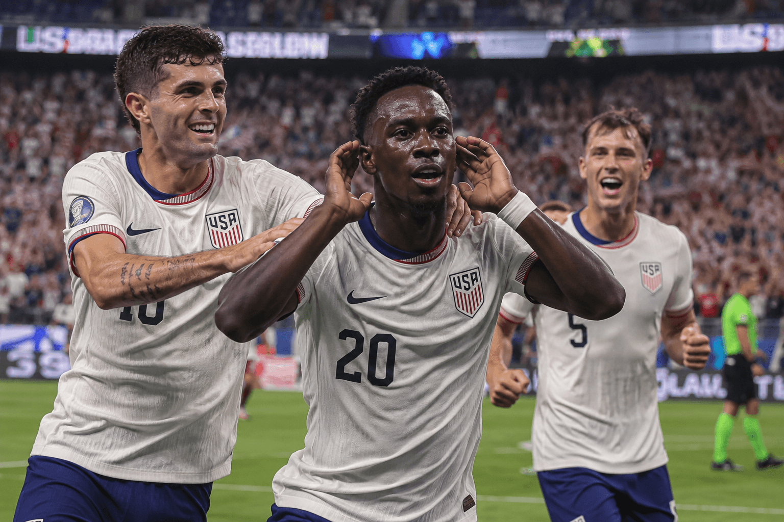 USA players celebrate under stadium lights after a dominant World Cup win over Paraguay.