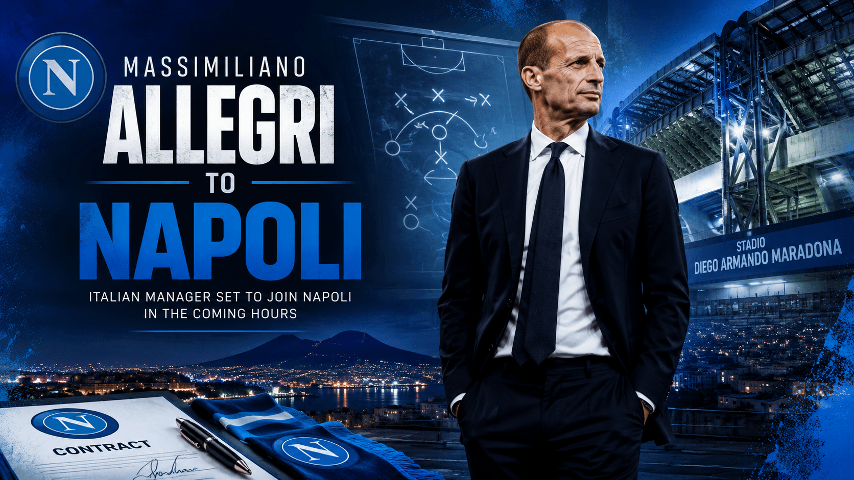 Editorial graphic representing reports linking Massimiliano Allegri with the Napoli managerial position.