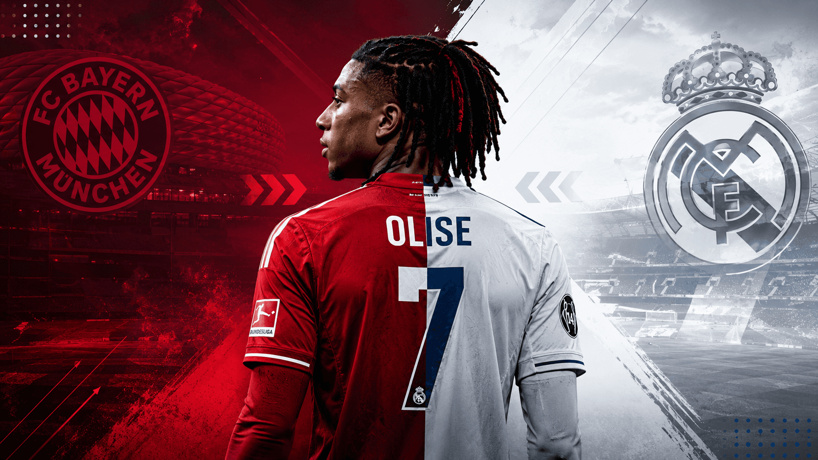 Editorial graphic illustrating Michael Olise amid transfer speculation involving Bayern Munich and Real Madrid.