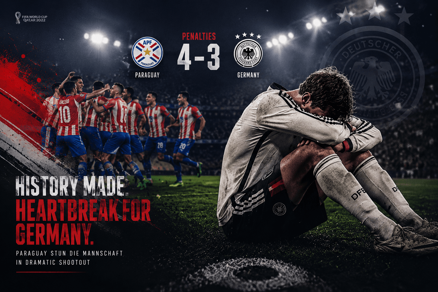 Germany players react after a World Cup penalty shootout defeat to Paraguay.