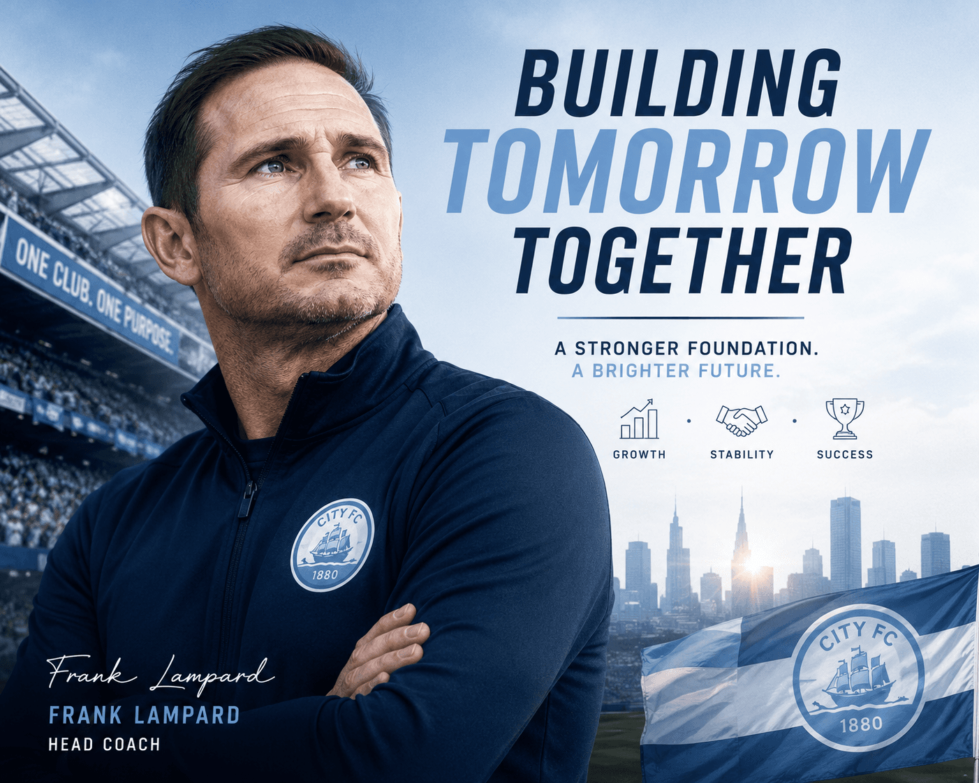 Conceptual image of a football club's long-term stability, with sky blue and white colors, symbolizing growth and future planning.