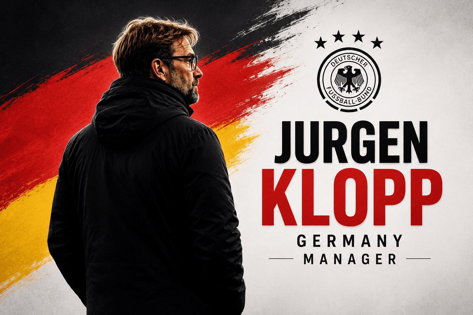 Editorial graphic illustrating Germany's managerial search amid talks involving Jurgen Klopp and Red Bull.