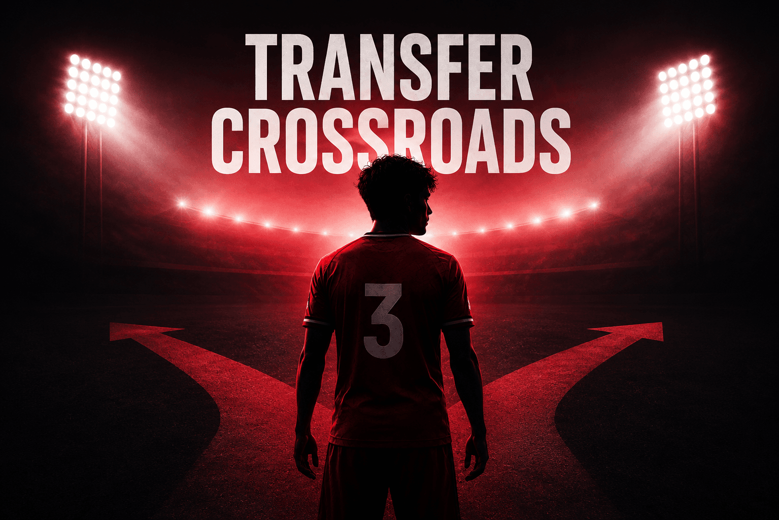 Silhouetted young defender beneath stadium floodlights representing transfer interest in Aberdeen's Mitchel Frame.