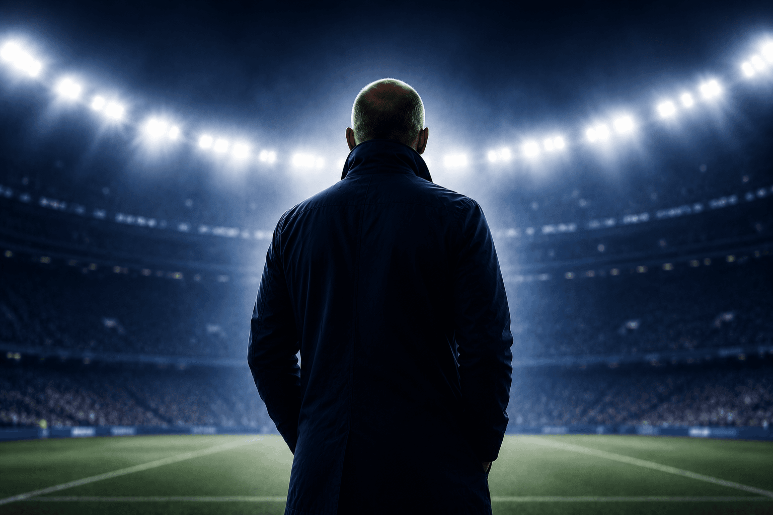 Silhouetted football manager beneath floodlights in an England-inspired editorial graphic.