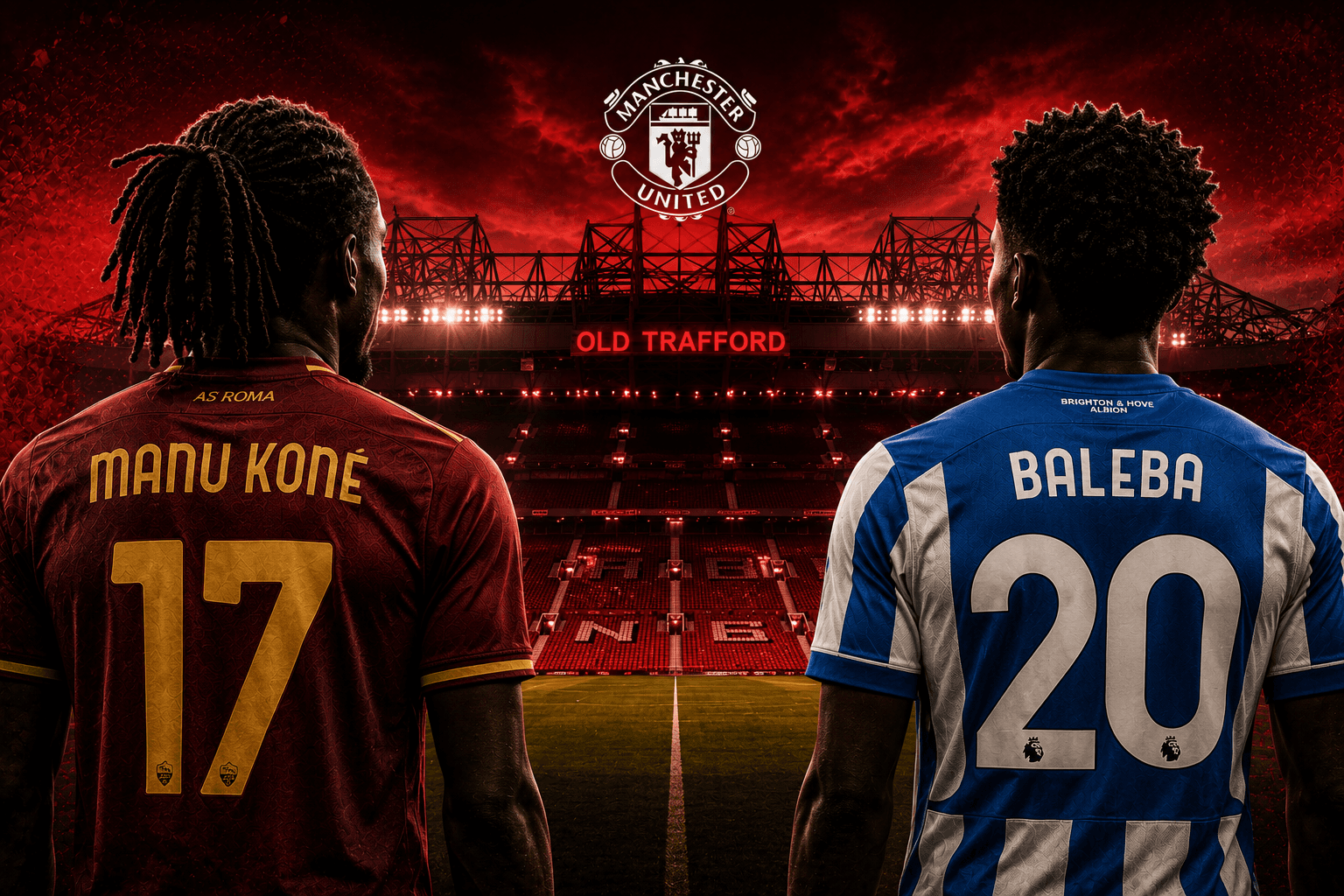 Concept artwork representing Manchester United's reported interest in Manu Koné and Carlos Baleba.