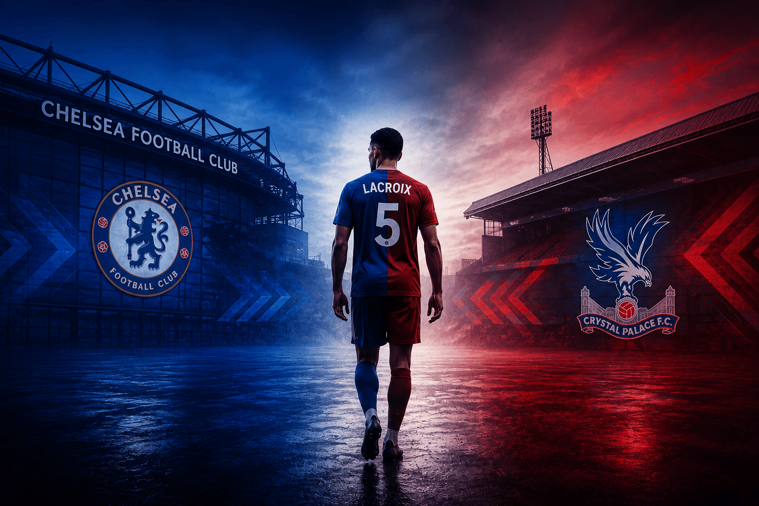 Editorial transfer graphic illustrating Chelsea's reported move for Crystal Palace defender Maxence Lacroix.