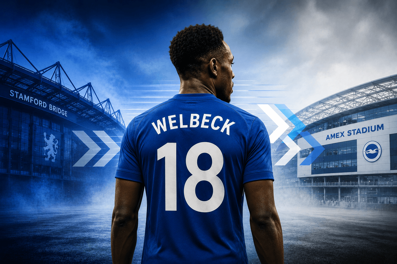 Editorial graphic illustrating Chelsea's reported interest in Brighton striker Danny Welbeck.