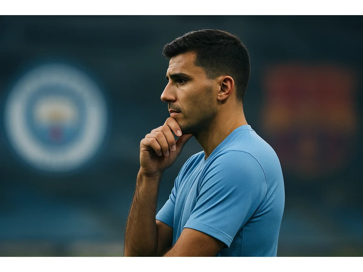 Conceptual image of a football transfer, with abstract Manchester City and Barcelona colours in the background and a player silhouette.