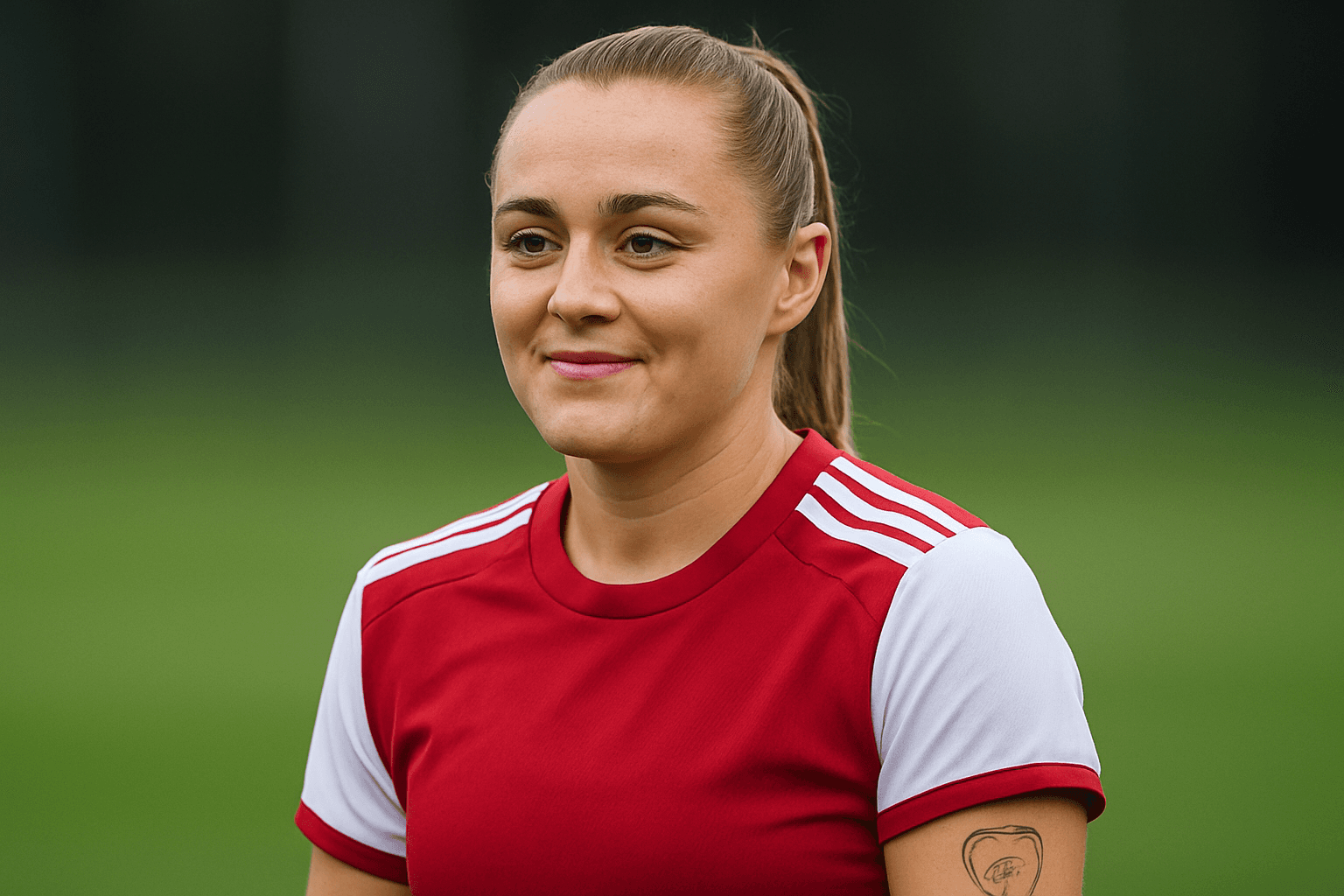 England midfielder Georgia Stanway in an Arsenal kit, showing a tattoo, representing her feeling wanted by the club.